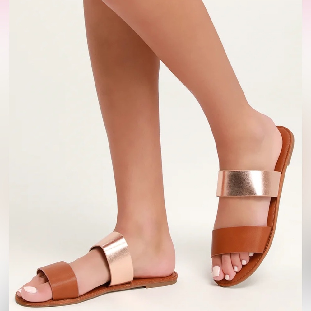 NWOT Lulus Time to Chill Tan and Rose Gold Slide Sandals